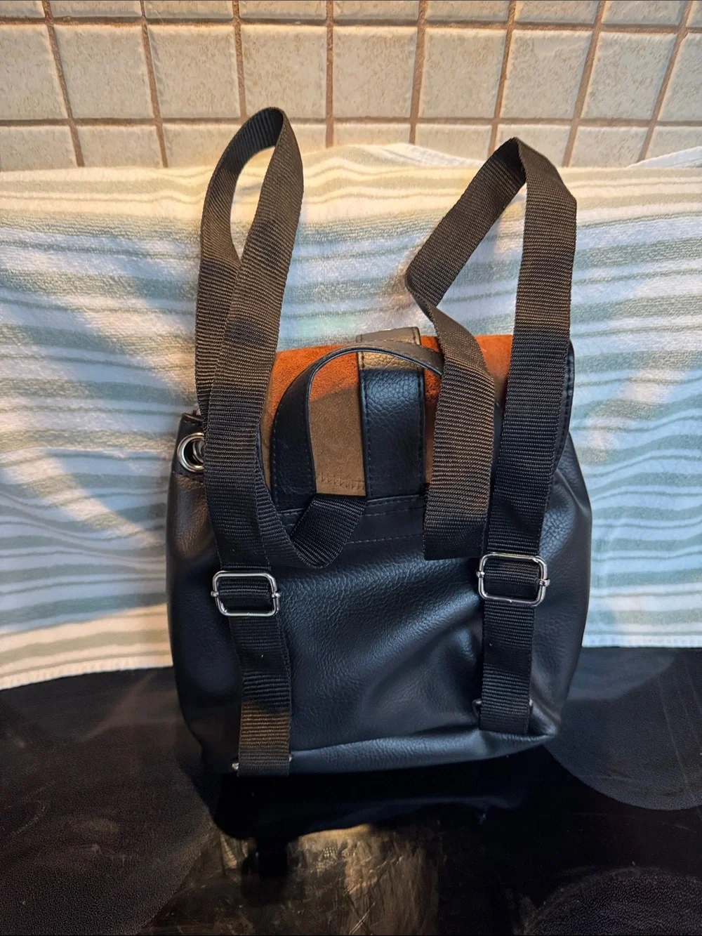Vaan & Co Black and Brown Leatherette Ladies Backpack - Stylish Stud Detail